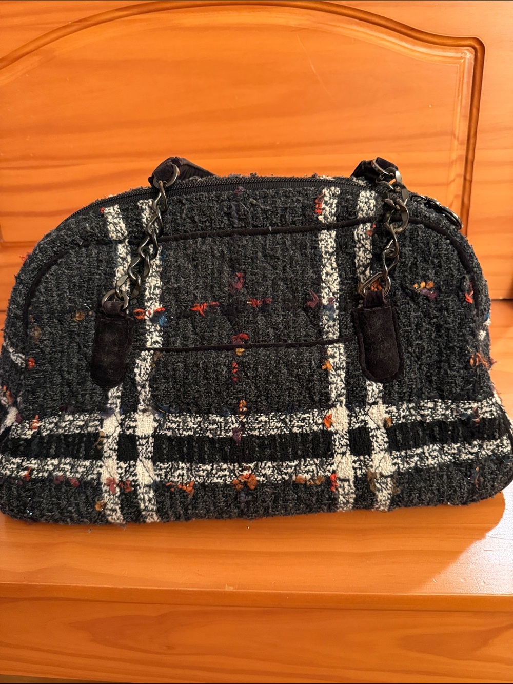 Vera Bradley Black Tweed Plaid Shoulder Bag with Chain Handles